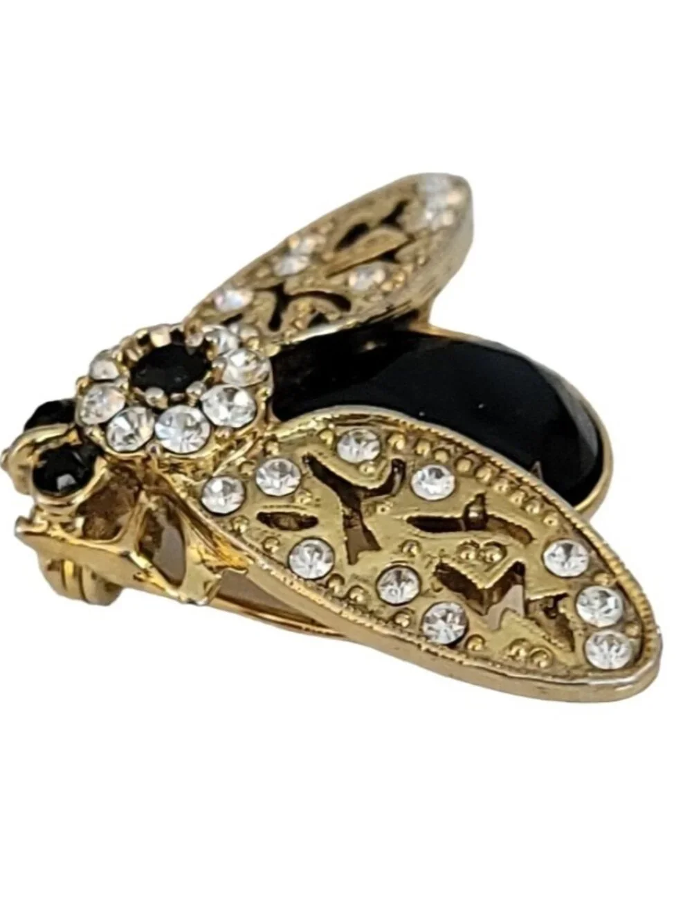 1928 Brand Gold Tone Black Clear Glass Rhinestone Bug Brooch Pin, K345